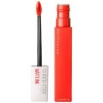 Red lip gloss wand with applicator beside a matching red lipstick tube, branding visible on packaging as Maybelline.