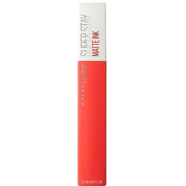 Tall lipstick box with a white cap and red body standing upright on a white background; product packaging.