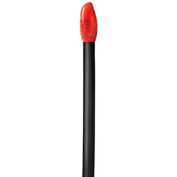 Orange-red lip gloss wand with a black stem on a white background.