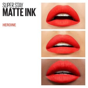 Three close-up shots of red lips in matte lipstick, with 'Super Stay Matte Ink' and 'Heroine' text on the left (advertisement).