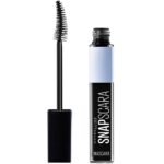 Tube of Maybelline Snapscara mascara with wand pulled out, showing black mascara and white label on clear tube against white background.