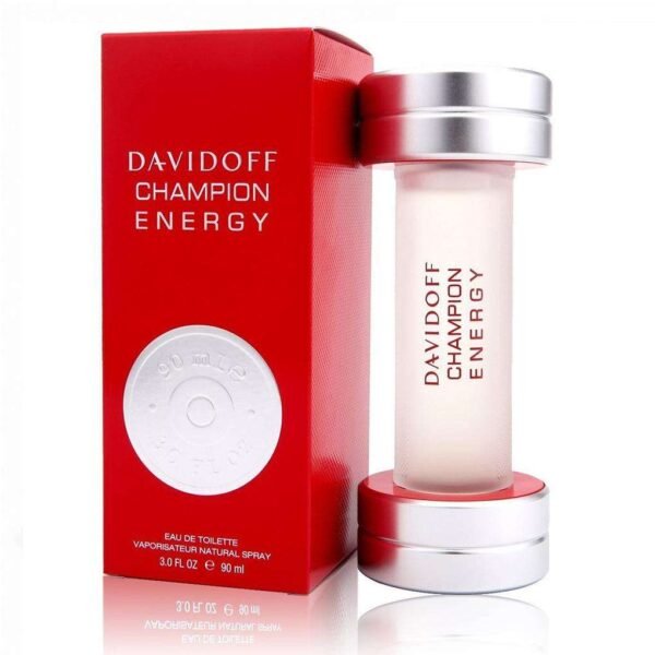 Davidoff Champion Energy perfume bottle beside its red box, frosted glass with a metallic cap and white lettering.