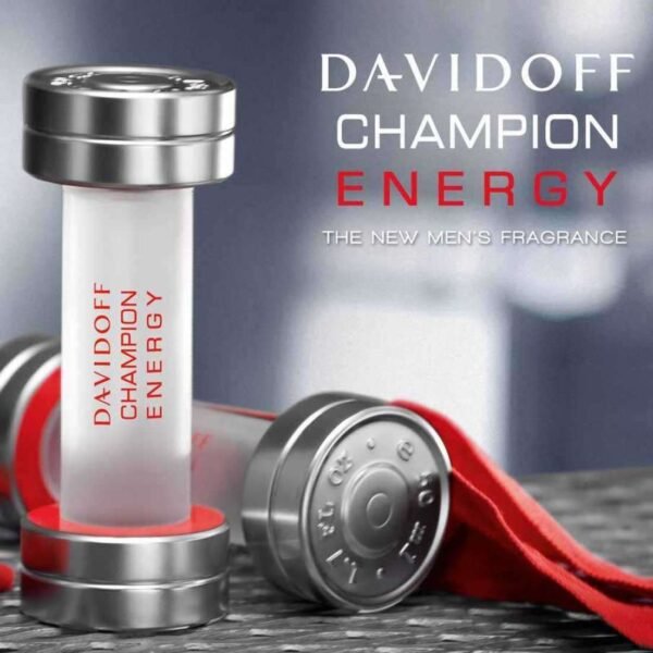 Davidoff Champion Energy fragrance bottle with silver cap and red vertical text beside a drinking-can-inspired design, advertising 'The New Men’s Fragrance'.