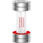 Close-up of a chrome-cap dispenser with a white textured body printed 'DAVIDOFF CHAMPION ENERGY' in red.