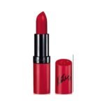 Red lipstick with open case next to the cap, bright red shade and glossy silver tube, Kate logo on the cap