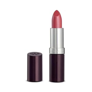 Lipstick with deep pink-red shade in an open dark burgundy tube and silver inner cap beside it