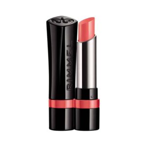 Rimmel lipstick in a black case with a coral-pink shade visible, red accent band at the base