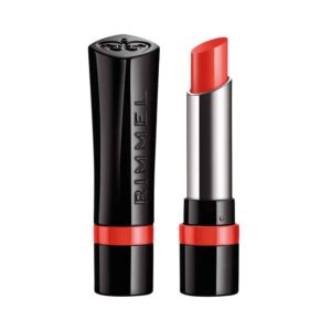 Red lipstick in a black and silver case with a red accent, brand name RIMMEL visible on the cap (isolated on white)./m