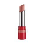 Lipstick bullet in a red case with a nude pink shade, upright and partially opened