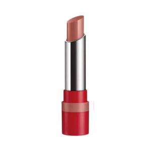 Lipstick bullet in a red case with a nude pink shade, upright and partially opened