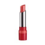 Red lipstick partly extended from a silver tube with a red base casing in a glossy finish.