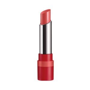 Red lipstick partly extended from a silver tube with a red base casing in a glossy finish.