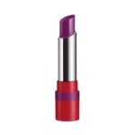 Purple lipstick in a red and purple tube standing upright, ready to apply.