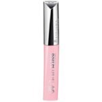 Pink lip gloss tube with a shiny silver cap, branding text visible on the side.