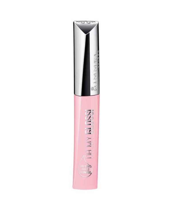 Pink lip gloss tube with a shiny silver cap, branding text visible on the side.