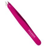 Pink Boujois Paris tweezers with metal tips, angled diagonally to the left