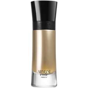 Close-up of Armani Code Absolu perfume bottle with a gold-tinted glass and black cap on a white background.