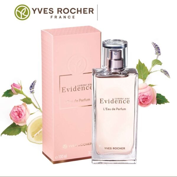 Yves Rocher Evidence perfume bottle with pink box and floral accents (roses and lavender).