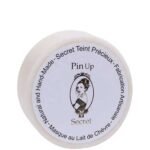 Round cosmetic tin labeled 'Pin Up Secret' with vintage illustration, advertising a natural goat milk mask (vanilla scent) - handmade.