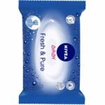 Blue NIVEA Baby Fresh & Pure packaging featuring a white oval center with the word 'Baby' in pink and a dark blue NIVEA circle, surrounded by water bubble graphics and a small baby illustration in a circle on the left