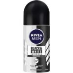Front view of a NIVEA MEN Black & White Invisible Original antiperspirant spray bottle with a black cap (50 ml).