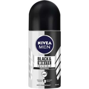 Front view of a NIVEA MEN Black & White Invisible Original antiperspirant spray bottle with a black cap (50 ml).