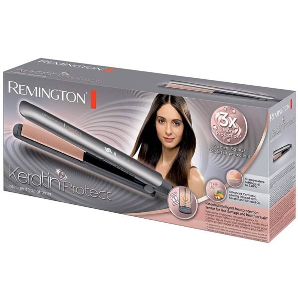 Remington Keratin Protect hair straightener in its box, with a model on the packaging.