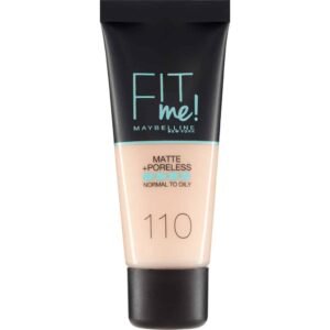 Maybelline Fit Me! Matte + Poreless foundation, shade 110, beige for normal-to-oily skin.