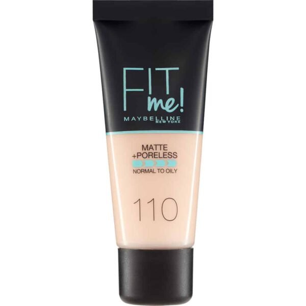 Maybelline Fit Me! Matte + Poreless foundation, shade 110, beige for normal-to-oily skin.