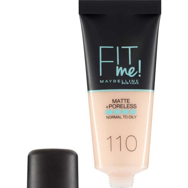 Maybelline Fit Me Matte + Poreless foundation bottle in shade 110 for normal to oily skin.