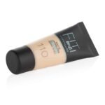 Tube of Maybelline Fit Me foundation in shade 110, matte + poreless formula, lying diagonally with black cap.