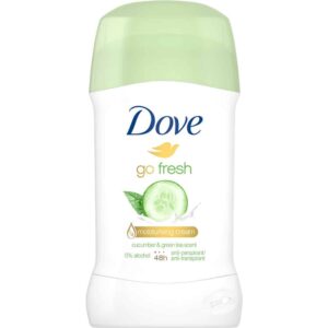 Dove Go Fresh moisturizing antiperspirant stick with cucumber and green tea scent in a white container with a light green cap