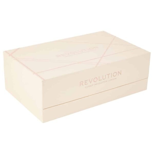 Beige rectangular cosmetic box with pink lines and the word 'REVOLUTION' printed on the side.
