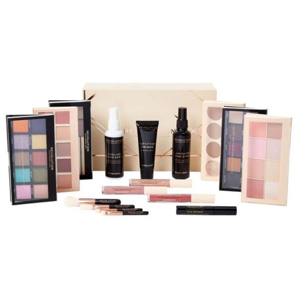 Full makeup set with multiple eyeshadow palettes, blush palettes, primers, and brushes arranged in front of a beige box on a white background.