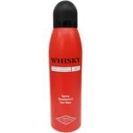 Red spray deodorant bottle for men labeled 'WHISKY RED' with a black cap on a white background, brand Parfums Evaflor Paris