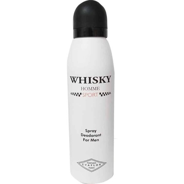 White spray deodorant can with black cap labeled 'WHISKY HOMME SPORT' for men, Eau de toilette branding at the bottom (Parfums Evaflor Paris)