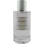 Clear glass perfume bottle with a tall silver cap; label reads 'BACCARAT' and 'L'OMBRE COLLECTION' on a white background