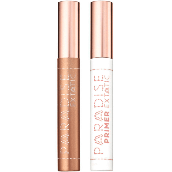 Two lip gloss tubes with rose-gold caps, one bronze and one white, both labeled PARADISE EXTATIC.