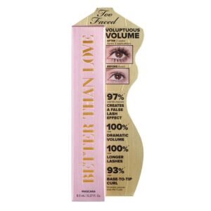 Too Faced Better Than Sex mascara box beside a wooden silhouette showing before/after eyes and marketing claims.