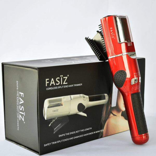 Cordless red hair trimmer with a comb attachment resting on a black FASIZ box labeled 'Cordless Split End Hair Trimmer'
