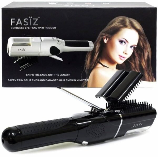 Cordless split-end hair trimmer with attachments, shown beside its black handheld device and product box featuring a model image.