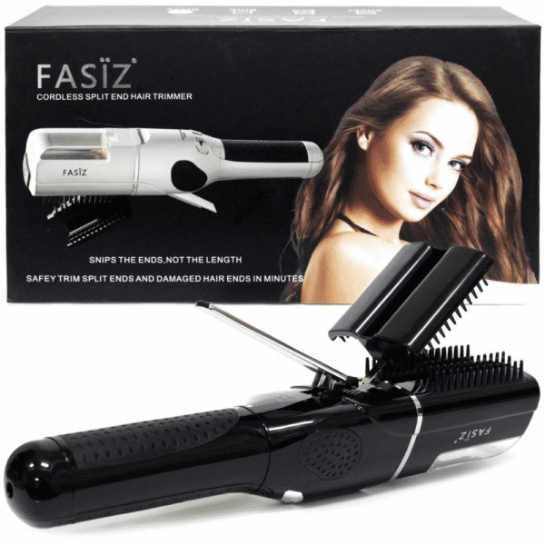 FASIZ cordless split-end hair trimmer with folding comb attachment in front of its black box showing a model woman.