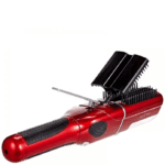 Red cordless hair styling tool with black heated plates and comb attachments for styling hair