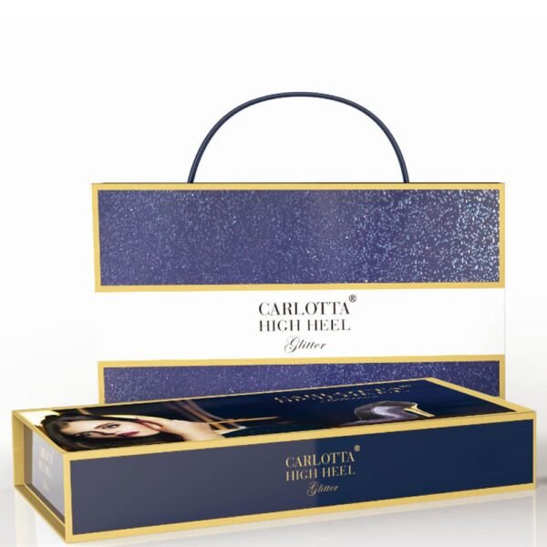 Luxurious navy and gold packaging: a glittery box with a matching carry bag labeled 'Carlotta High Heel Glitter'