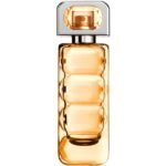 Tall rectangular perfume bottle with amber liquid and a faceted gold cap.