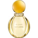 Gold Bulgari Goldea perfume bottle with a round gold cap and decorative ring detail around the neck, elegant presentation.