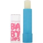 Blue-capped Maybelline Baby Lips lip balm with a clear tube showing large pink 'BABY LIPS' lettering.