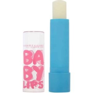 Blue-capped Maybelline Baby Lips lip balm with a clear tube showing large pink 'BABY LIPS' lettering.