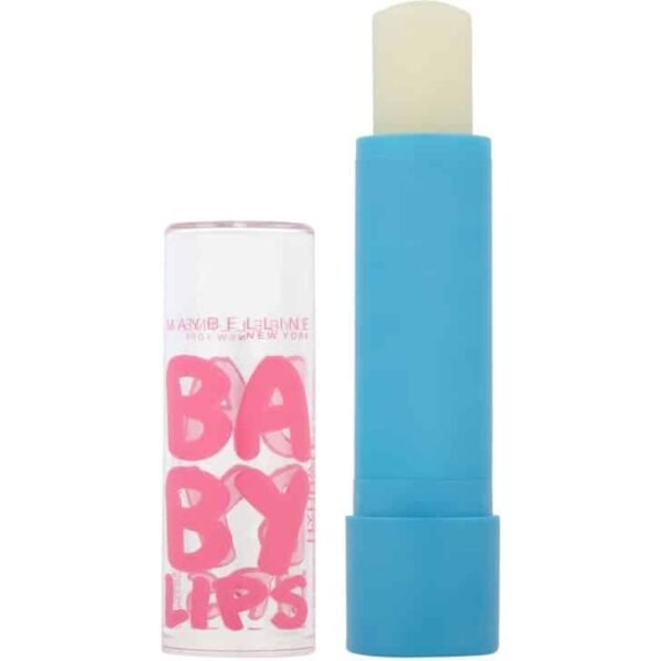 Blue-capped Maybelline Baby Lips lip balm with a clear tube showing large pink 'BABY LIPS' lettering.