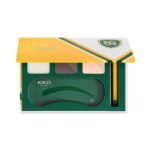 KIKO Milano makeup kit open to three eyeshadows and a curved green applicator tray inside a yellow box.